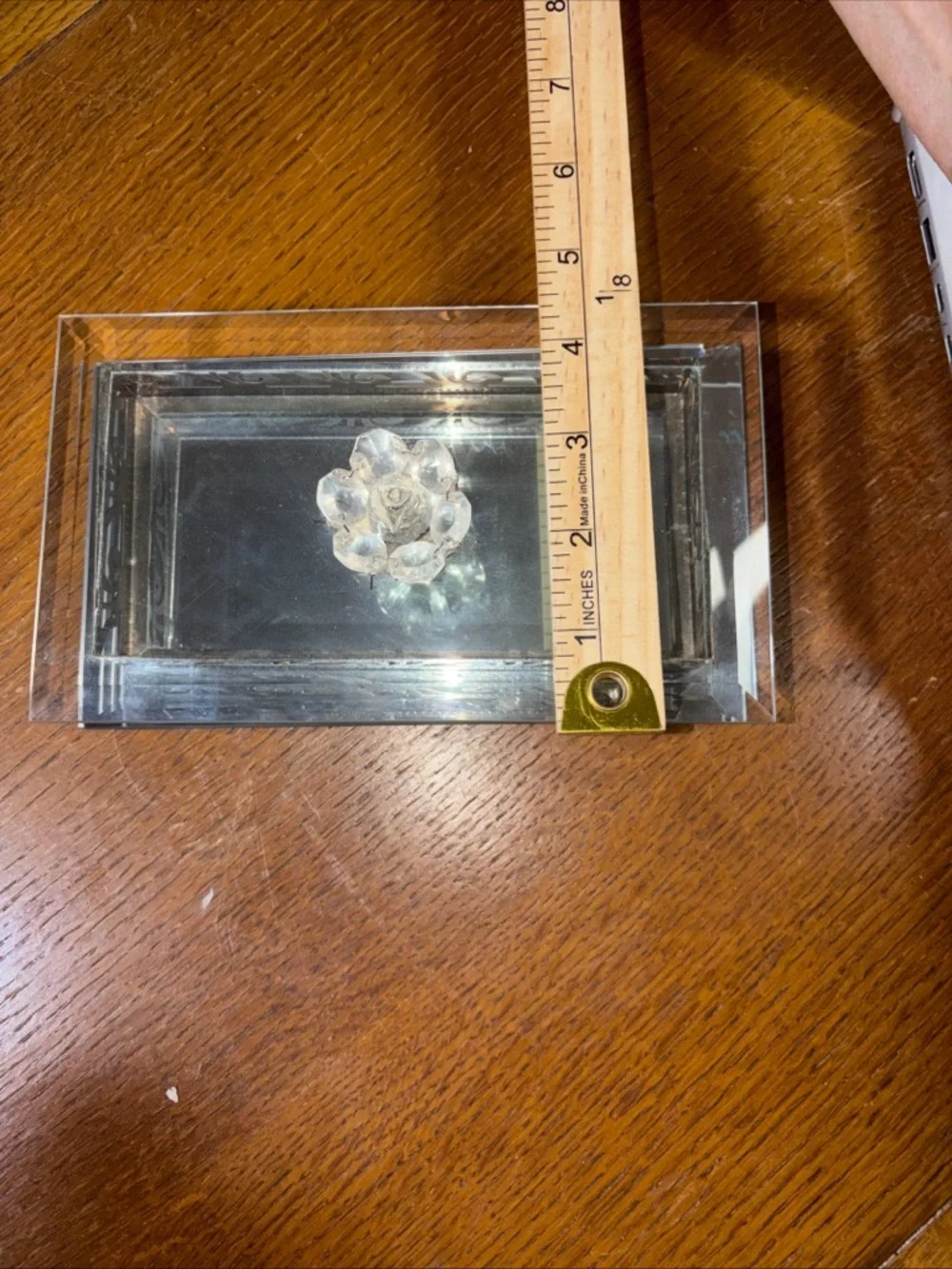VINTAGE Studio Silversmith Mirrored w/Crystal Rose Handle Beveled Glass Box